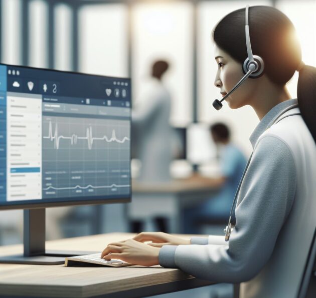 Je ziet een doktersassistent die telefonisch trieërt.