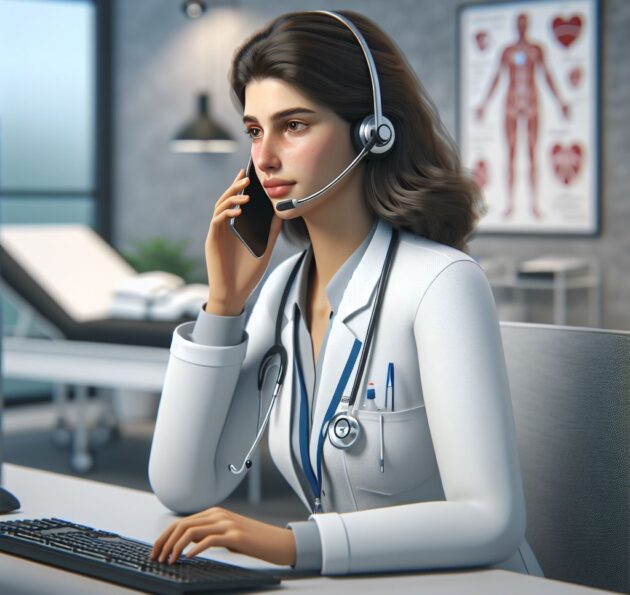 Je ziet een doktersassistent die telefonisch trieërt.