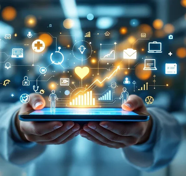 Handen houden digitale tablet met gezondheidszorg iconen en holografische medische elementen in moderne kliniek