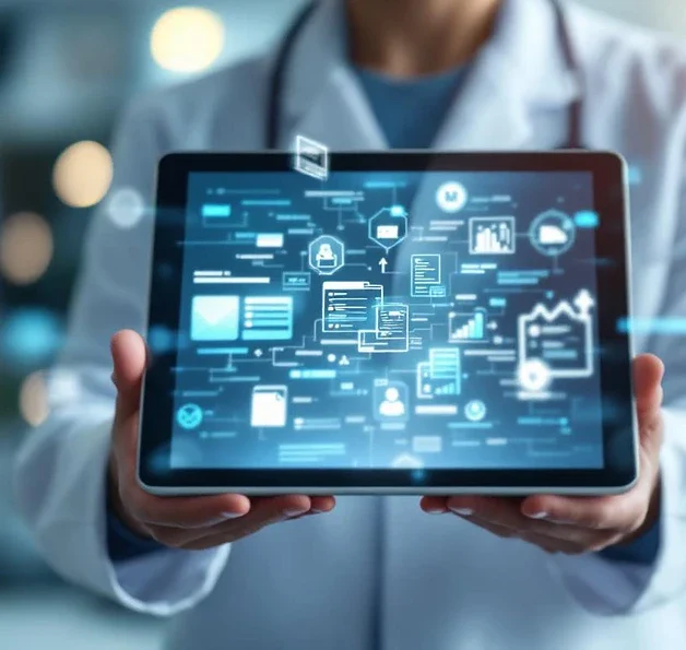 Handen houden tablet met digitale zorgrichtlijnen in medische omgeving met stethoscoop en grafieken