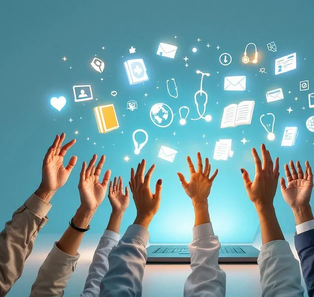 Diverse handen reiken naar zwevende medische onderwijssymbolen die uit laptop komen tegen blauwe achtergrond