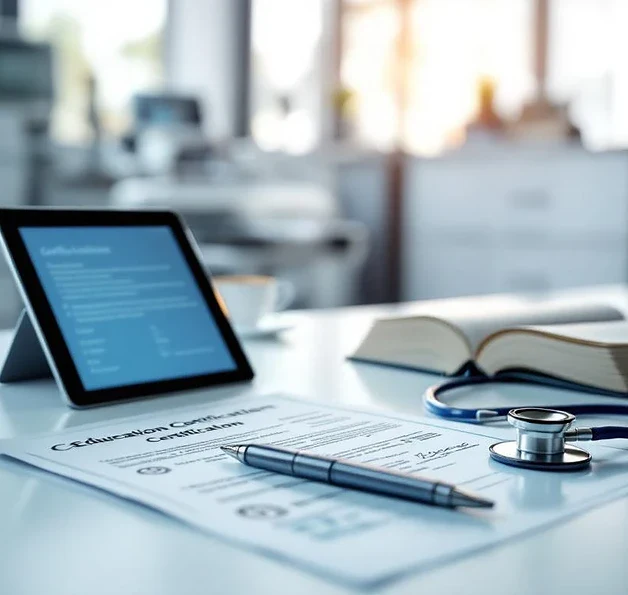 Medisch bureau met open leerboek, stethoscoop en tablet op wit bureau met certificeringsdocumenten in zorgomgeving