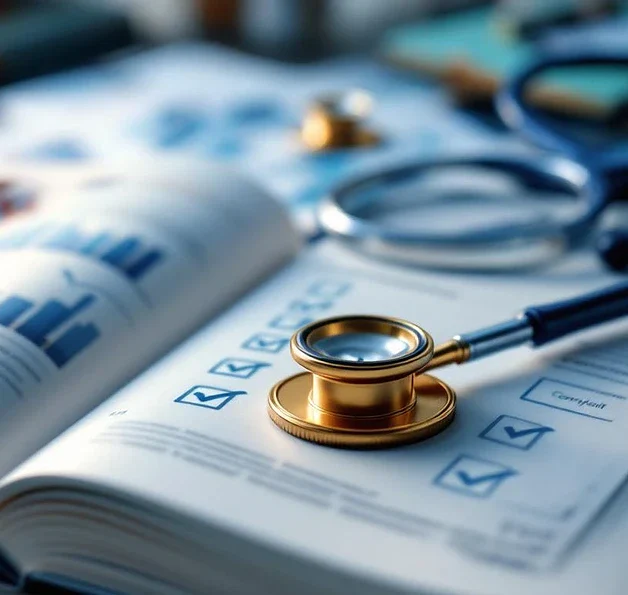 Open medisch handboek met anatomische diagrammen, stethoscoop en kwaliteitszegel voor zorgprofessionals