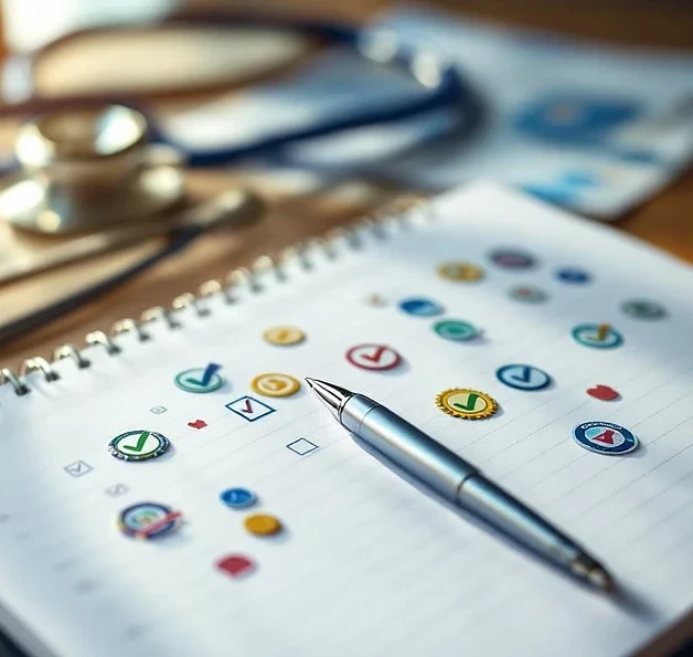 Open professioneel notitieboek met certificeringsbadges en vinkjes, zilveren pen, stethoscoop op achtergrond