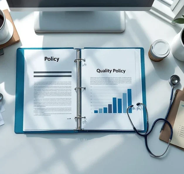 Bovenaanzicht van modern bureau met open kwaliteitsbeleid map, stethoscoop, certificaten en tablet met voortgangsgrafieken