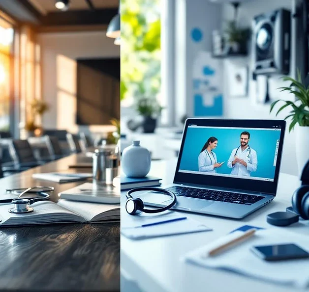 Gesplitst beeld toont moderne medische klaslokaal links en thuiswerkplek met laptop voor online leren rechts