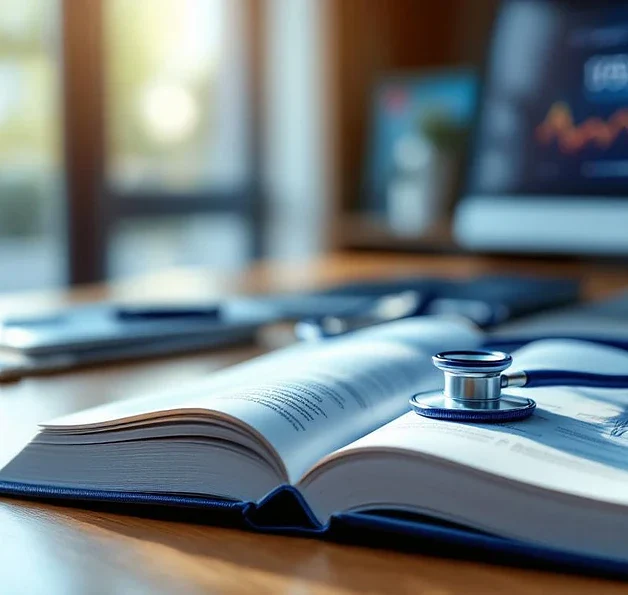 Medisch leerboek met anatomische diagrammen en stethoscoop op bureau naast computer met digitale leeromgeving