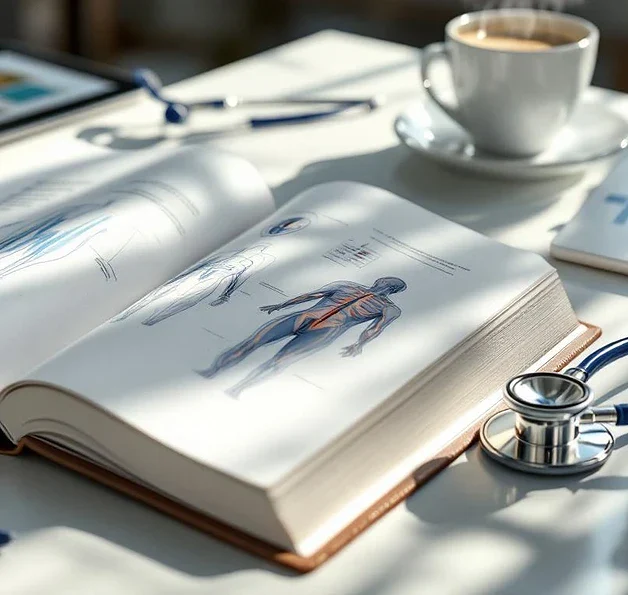 Open medisch handboek met anatomische diagrammen op bureau, omringd door stethoscoop, tablet en koffiekop