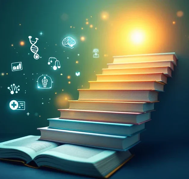 Trap van medische boeken en studiemateriaal die omhoog leidt naar helder licht, met zwevende DNA-helixen en hersensymbolen