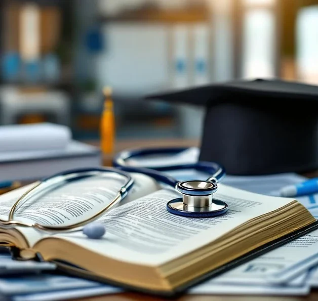 Open juridisch boek met stethoscoop en medische certificaten, afgestudeerde pet symboliseert zorgverlening onderwijs