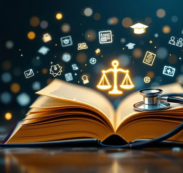 Open wetboek met gouden pagina's, stethoscoop en zwevende medische en juridische pictogrammen op blauwe achtergrond