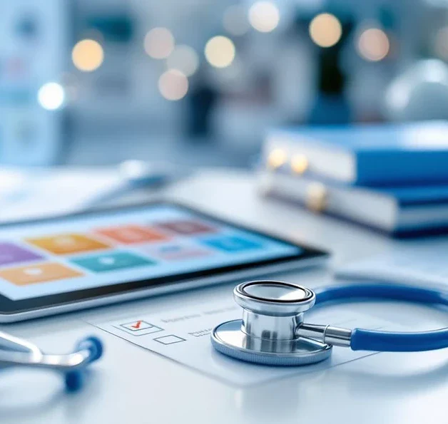 Medische apparatuur op steriele witte ondergrond met digitale tablet, stethoscoop en veiligheidschecklists