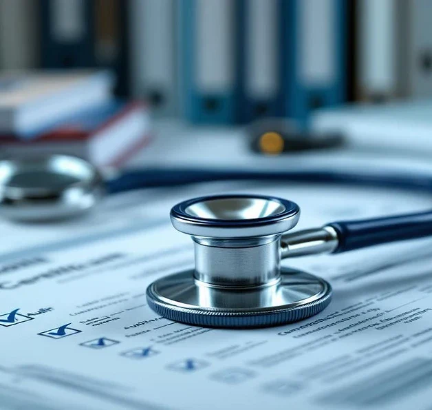 Stethoscoop op medische auditdocumenten met vergrootglas en compliance checklists voor regelgevingsnaleving