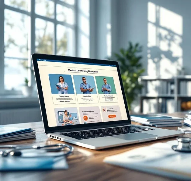 Laptop met medische cursussen en certificaten op bureau in moderne spreekkamer met stethoscoop en studieboeken