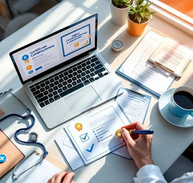 Bovenaanzicht van modern bureau met laptop met digitale certificaten, medische documenten, stethoscoop en gouden stempel