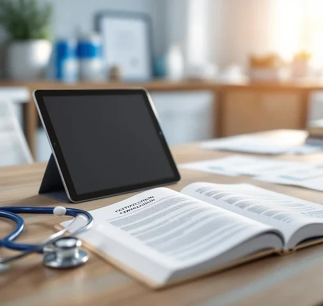 Moderne medische consultatiekamer met open medisch handboek, digitale tablet en doorlopende educatiecertificaten op houten bureau.