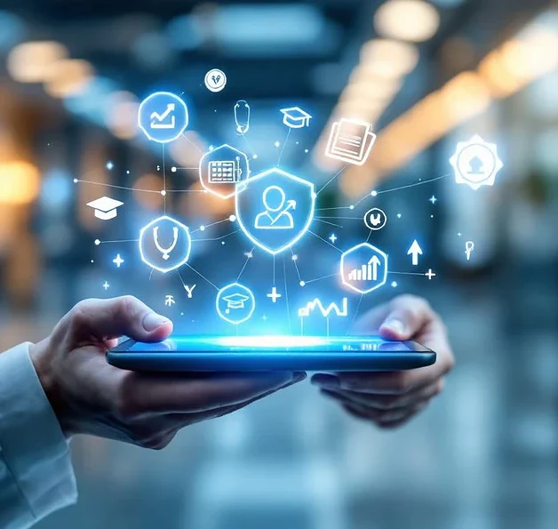 Handen houden tablet met digitale leermodules en certificaten, omringd door medische symbolen in moderne zorgfaciliteit