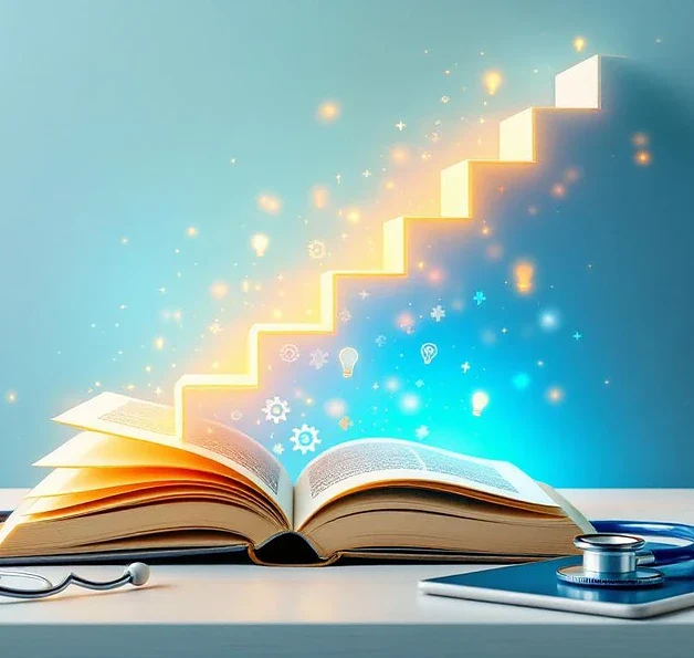 Open boek dat transformeert tot trap omhoog met gouden licht, stethoscoop en tablet op bureau, kennissymbolen zweven