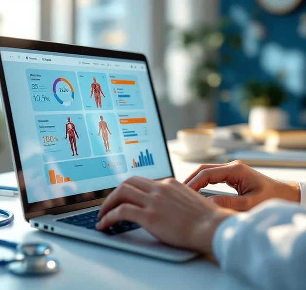 Handen typen op laptop met medische e-learning interface, anatomische diagrammen zichtbaar op scherm in zorgomgeving