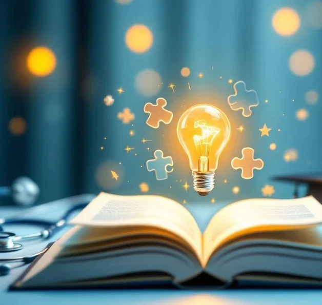 Open boek met gouden pagina's en puzzelstukken die verbinding maken met gloeilamp, stethoscoop en afstudeerhoed