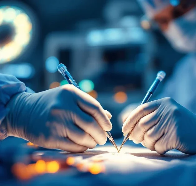 Medische handen in handschoenen voeren precisie procedure uit onder operatielicht in spoedeisende hulp