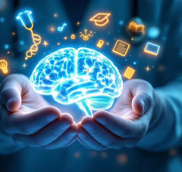 Handen in medische handschoenen houden verlicht hersenenmodel vast met zwevende medische symbolen op achtergrond