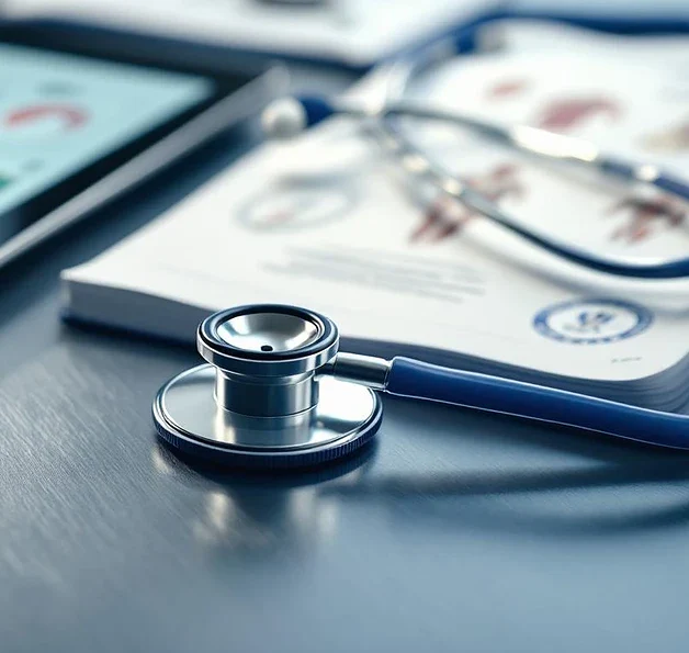 Stethoscoop op steriele tafel met digitale tablet, medische handboeken en certificaten voor zorgverlening onderwijs