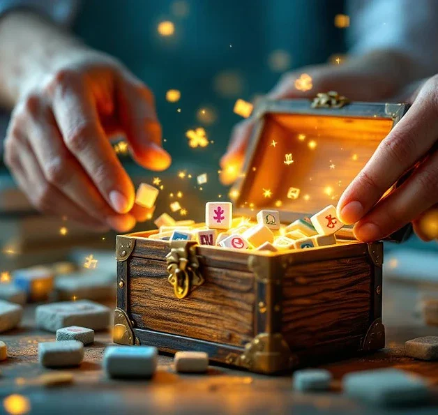 Handen plaatsen kleurrijke kennisblokken in houten schatkist met gouden licht, medische symbolen en educatieve iconen zweven eromheen