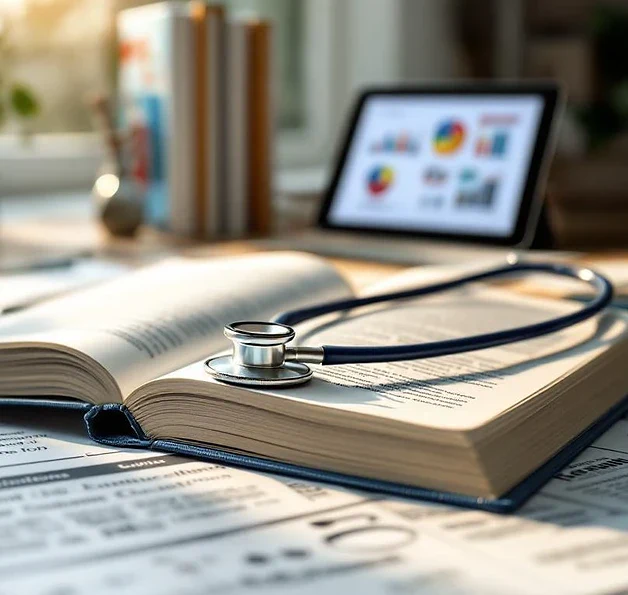 Open medisch leerboek met stethoscoop op pagina's, omringd door certificaten en tijdschriften op wit bureau