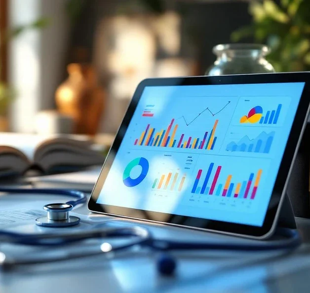 Tablet met kleurrijke data-analytics grafieken op bureau met stethoscoop, afstudeerpet en medische studieboeken