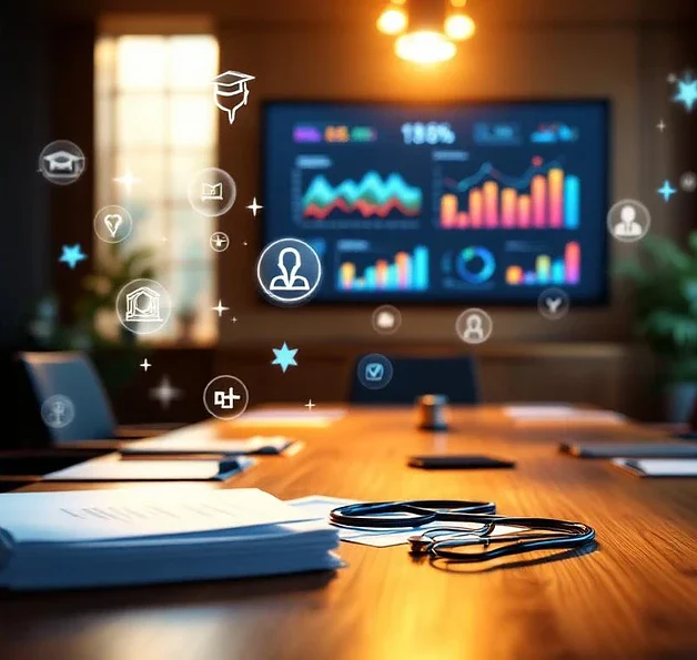 Conferentieruimte met medische onderwijsmaterialen op houten tafel, presentatiescherm met zorgkwaliteitsgrafieken op achtergrond