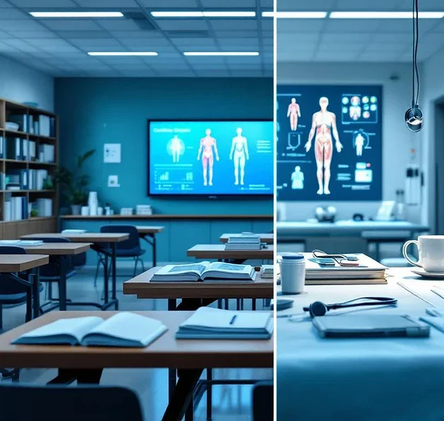 Gesplitst scherm toont moderne medische klaslokaal links en klinische trainingsomgeving rechts voor zorgverlening onderwijs