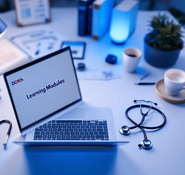 Moderne medische werkruimte met laptop, leermodules, stethoscoop en medische boeken voor continue onderwijs