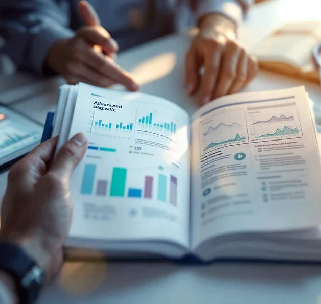 Ervaren handen houden medisch handboek vast met diagnostische grafieken, tablet en stethoscoop op wit bureau