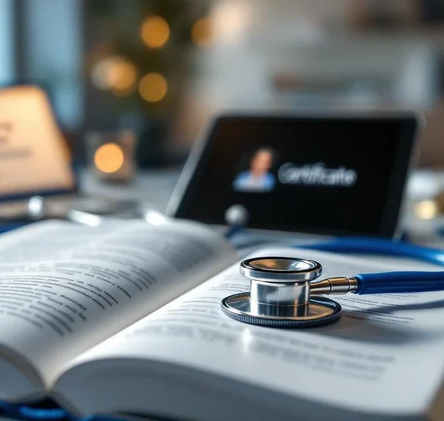 Open medisch leerboek omringd door stethoscoop, tablet met cursusmodules en certificaat in moderne praktijkruimte