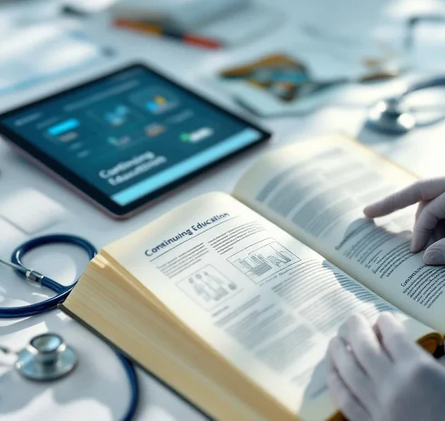 Handen in medische handschoenen houden medisch handboek vast naast stethoscoop en tablet op wit bureau