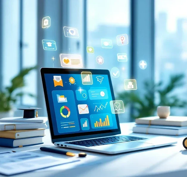 Laptop met medische opleidingsgrafieken en certificaten op modern bureau met stethoscoop en studieboeken