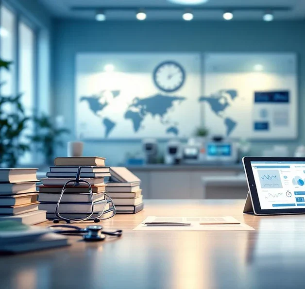 Drie medische leertrajecten convergeren: basisboeken links, geavanceerde apparatuur midden, chirurgische instrumenten rechts