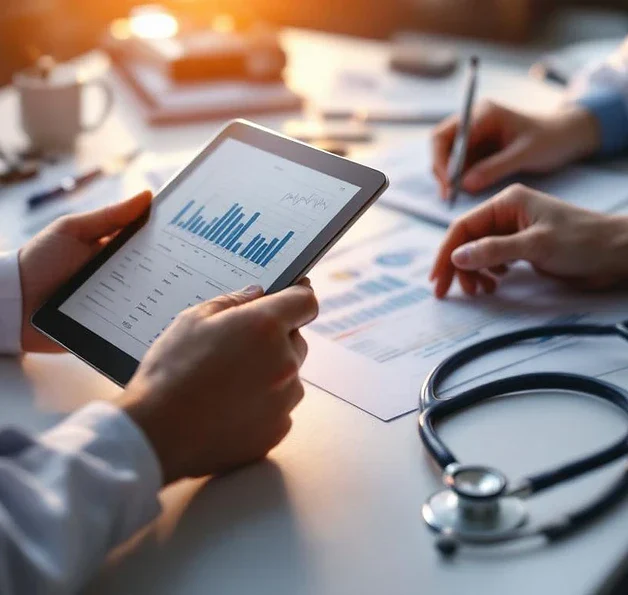 Handen die medische leerboeken inruilen voor stethoscoop en tablet met patiëntgegevens op witte bureau in kliniek