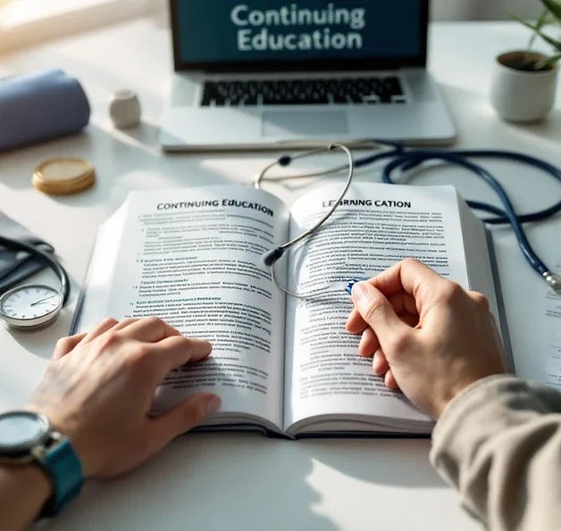 Handen houden stethoscoop boven medisch handboek met certificaten en laptop voor medische bijscholing