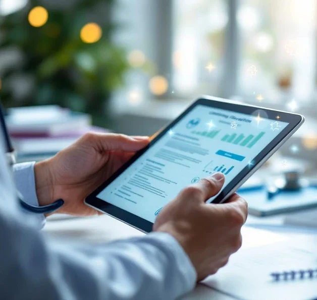 Professionele handen houden stethoscoop vast terwijl ze medische onderwijsmaterialen op tablet bekijken op bureau