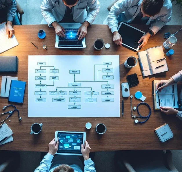 Organisatieschema op conferentietafel omringd door medische leermaterialen, stethoscopen en tablets met trainingsmodules