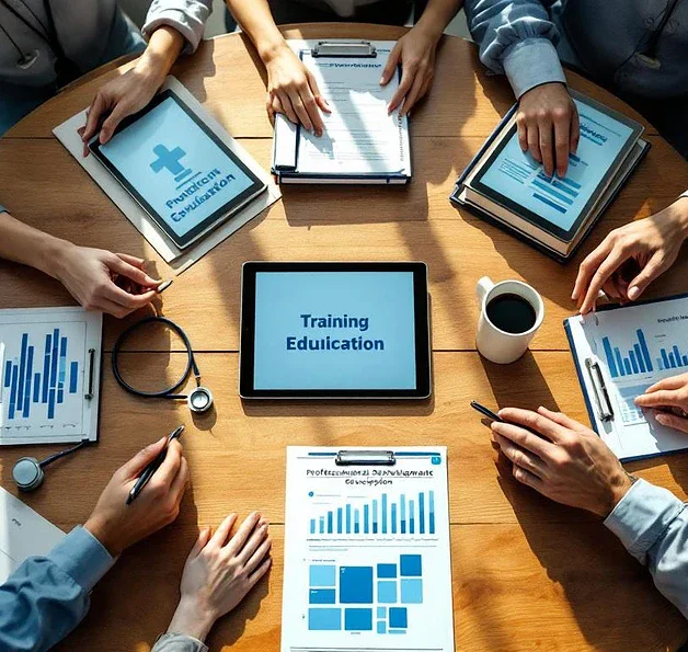 Diverse handen werken samen rond medische leerboeken, tablets en stethoscopen op moderne vergadertafel in ziekenhuis