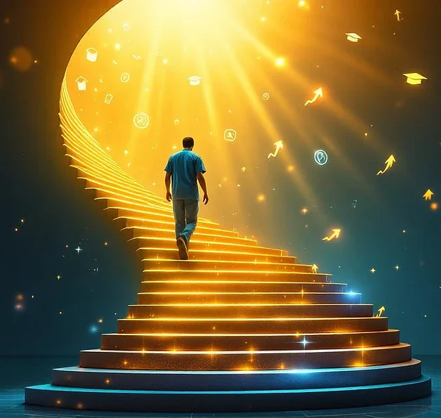 Medische professionals beklimmen spiraalvormige trap van gloeiende boeken en tablets met holografische onderwijssymbolen