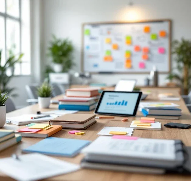 Moderne medische praktijk met houten vergadertafel, medische handboeken, tablets en planningsmateriaal in natuurlijk licht