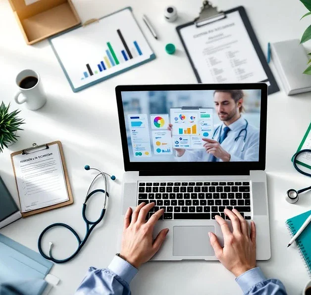 Laptop met medische organisatieschema's op bureau met stethoscoop, checklist en professionele ontwikkelingsboeken