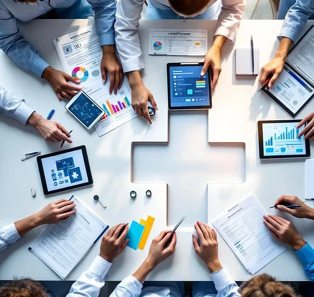 Diverse medische professionals werken samen rond conferentietafel met stethoscopen, tablets en opleidingsmateriaal