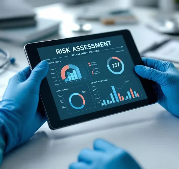 Medische handen in blauwe handschoenen houden tablet met risicobeoordelingen vast op bureau met stethoscoop