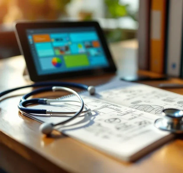 Open notitieboek met handgeschreven aantekeningen naast tablet en stethoscoop op houten bureau voor medisch onderwijs