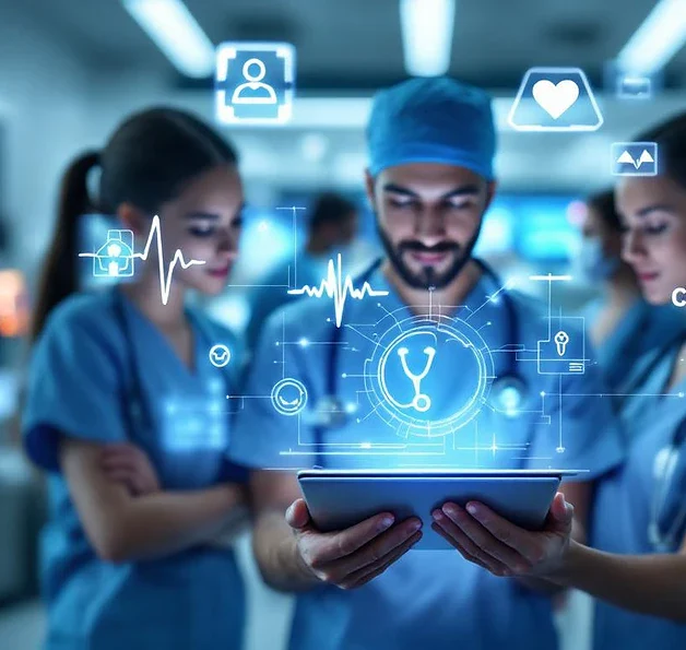 Zorgverleners in moderne trainingsruimte bekijken digitale medische leermodules op tablet met holografische iconen